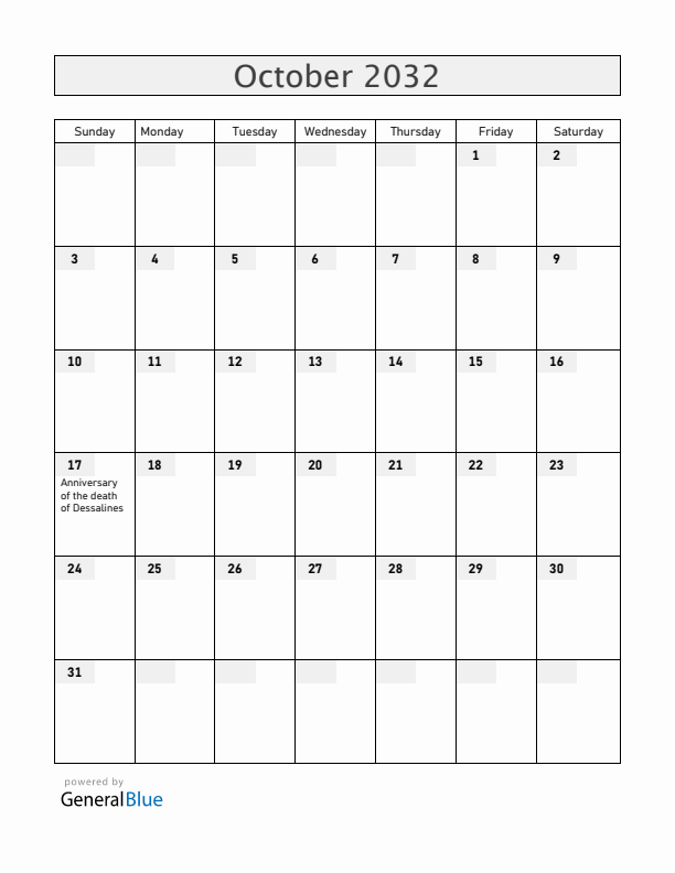 Haiti October 2032 Calendar with Holidays
