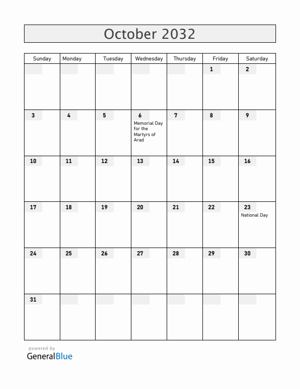 Hungary October 2032 Calendar with Holidays