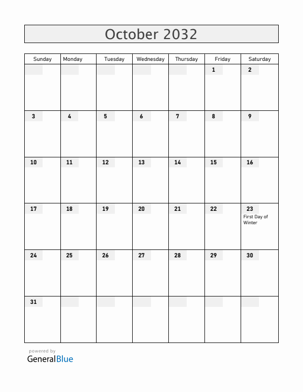 Iceland October 2032 Calendar with Holidays