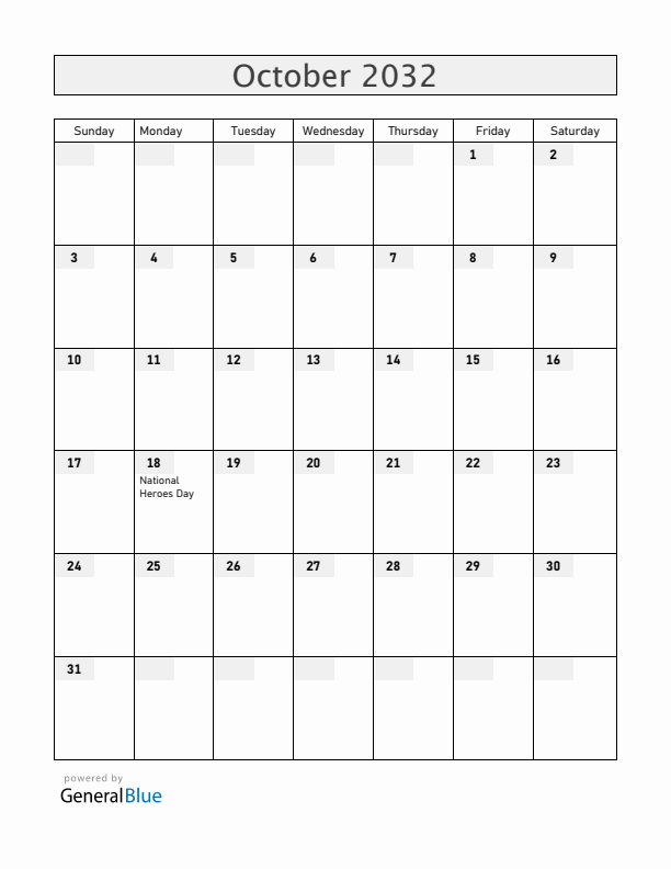 Jamaica October 2032 Calendar with Holidays