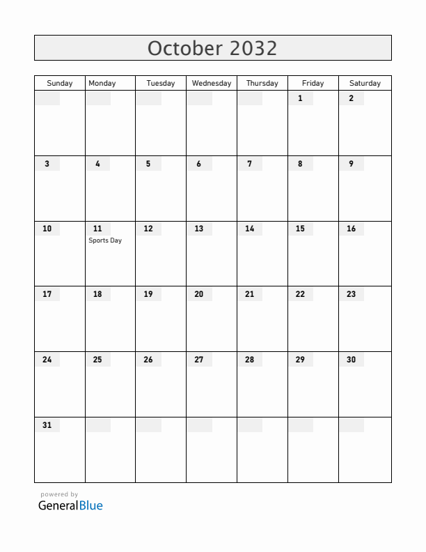 Japan October 2032 Calendar with Holidays