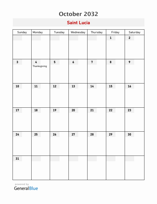 Saint Lucia October 2032 Calendar with Holidays