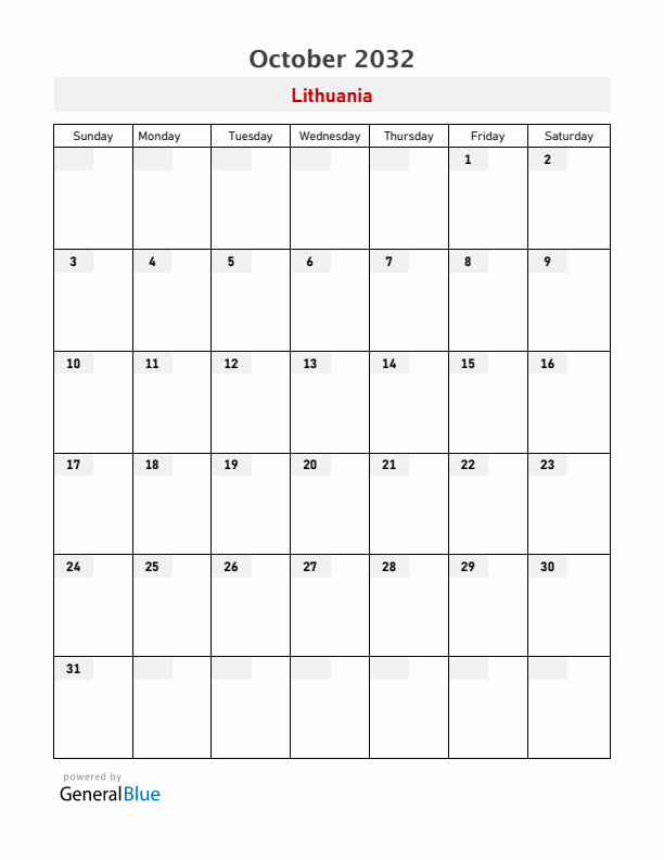 Lithuania October 2032 Calendar with Holidays