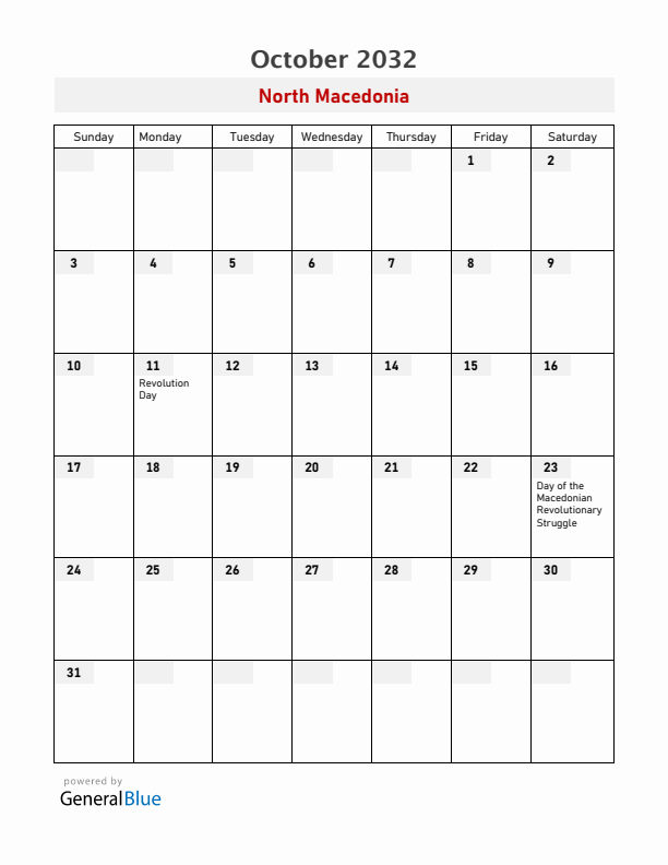 North Macedonia October 2032 Calendar with Holidays