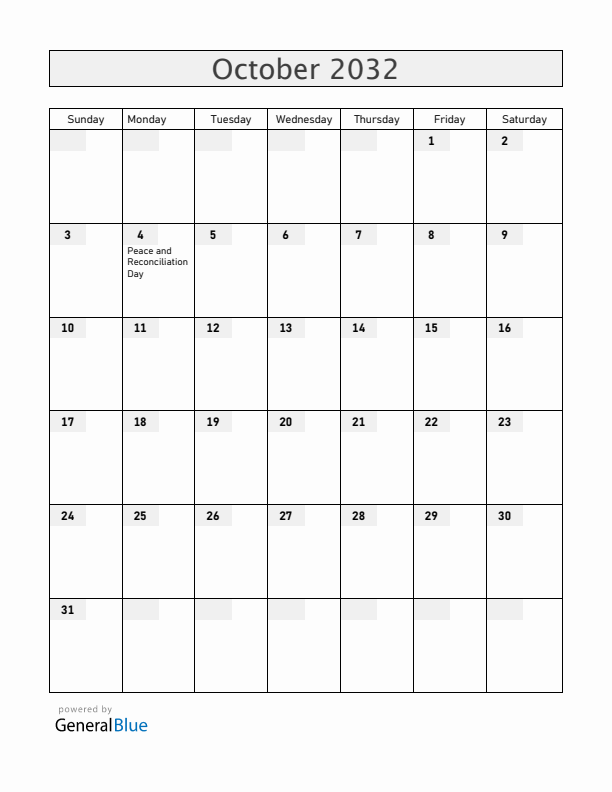 Mozambique October 2032 Calendar with Holidays