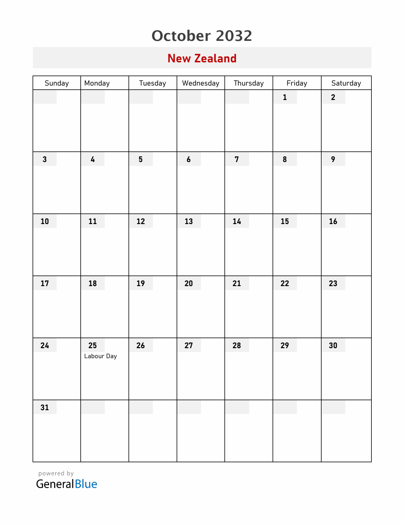 New Zealand October 2032 Calendar with Holidays