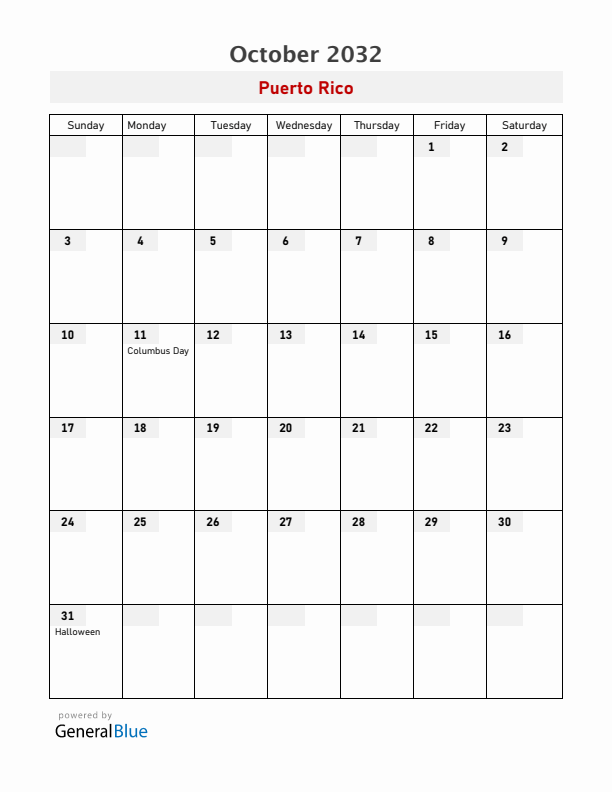Puerto Rico October 2032 Calendar with Holidays