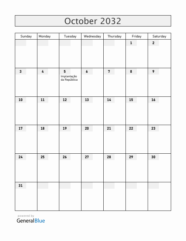 Portugal October 2032 Calendar with Holidays