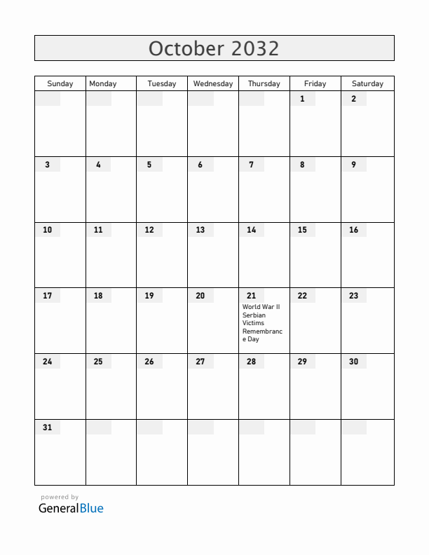 Serbia October 2032 Calendar with Holidays