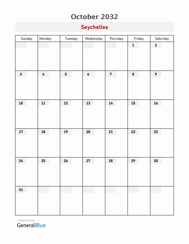 Seychelles October 2032 Calendar with Holidays