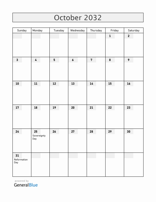Slovenia October 2032 Calendar with Holidays