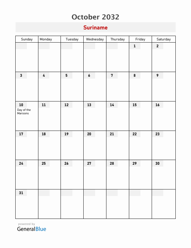 Suriname October 2032 Calendar with Holidays