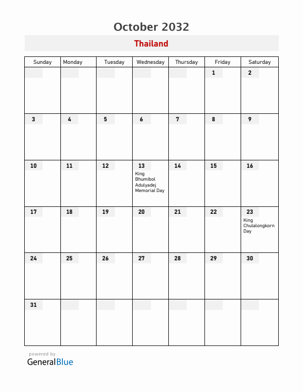 Thailand October 2032 Calendar with Holidays