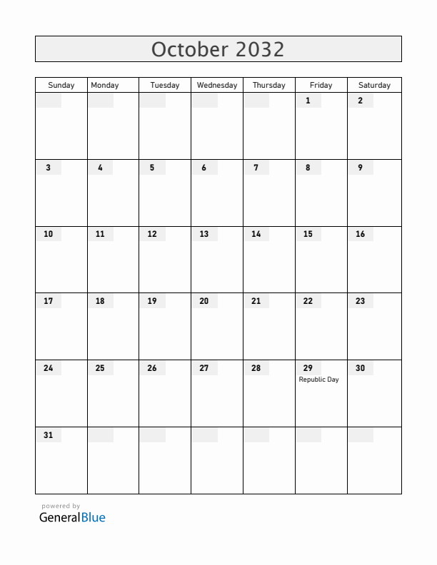 Turkey October 2032 Calendar with Holidays