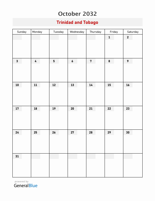 Trinidad and Tobago October 2032 Calendar with Holidays