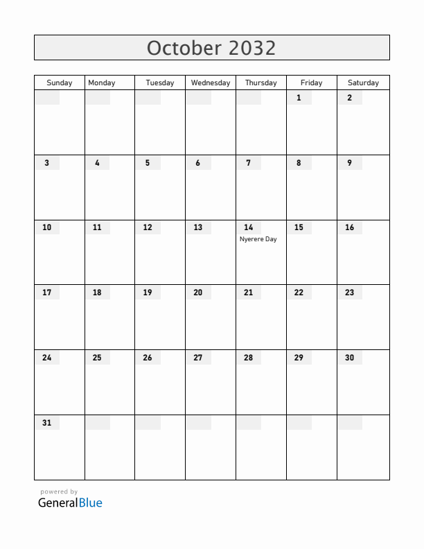 Tanzania October 2032 Calendar with Holidays