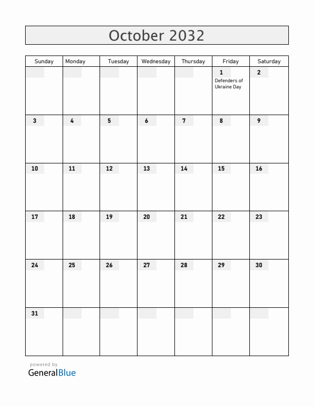 Ukraine October 2032 Calendar with Holidays
