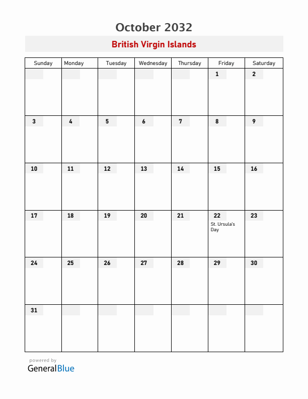 British Virgin Islands October 2032 Calendar with Holidays