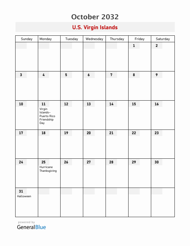 U.S. Virgin Islands October 2032 Calendar with Holidays