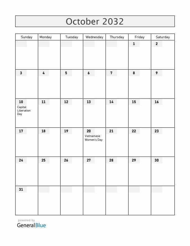 Vietnam October 2032 Calendar with Holidays