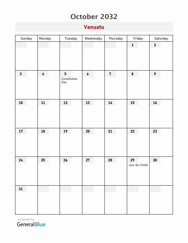 Vanuatu October 2032 Calendar with Holidays