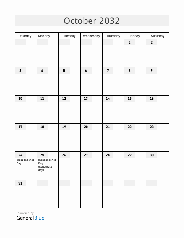 Zambia October 2032 Calendar with Holidays