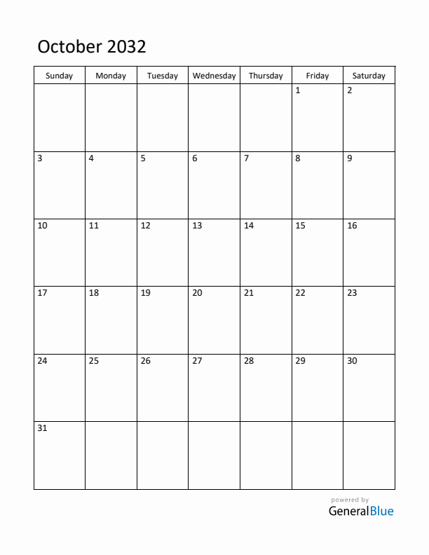 Sunday Start Calendar for October 2032
