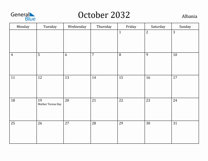 October 2032 Calendar Albania