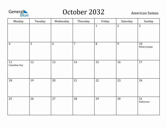 October 2032 Calendar American Samoa