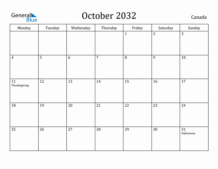October 2032 Calendar Canada