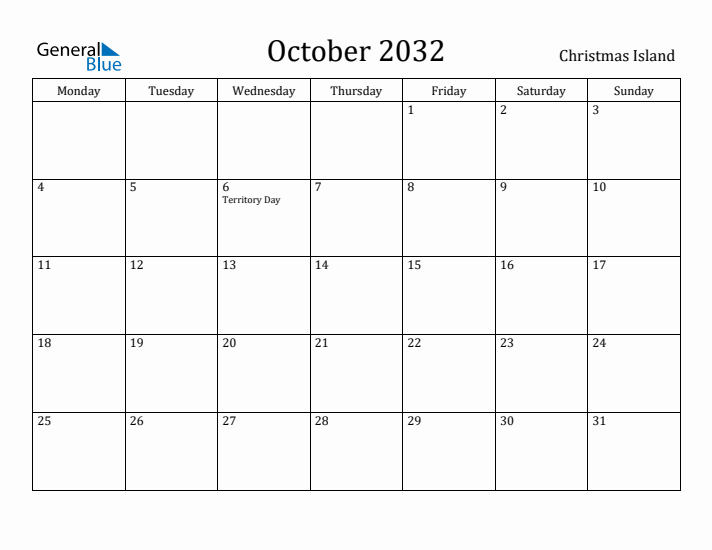October 2032 Calendar Christmas Island