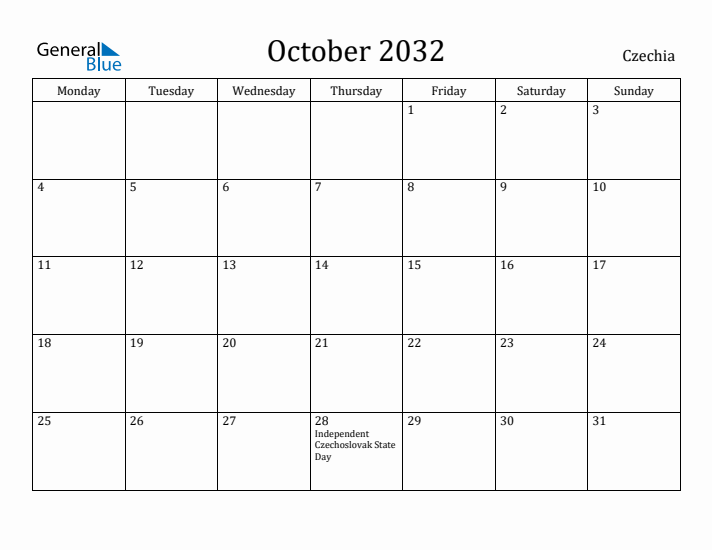 October 2032 Calendar Czechia