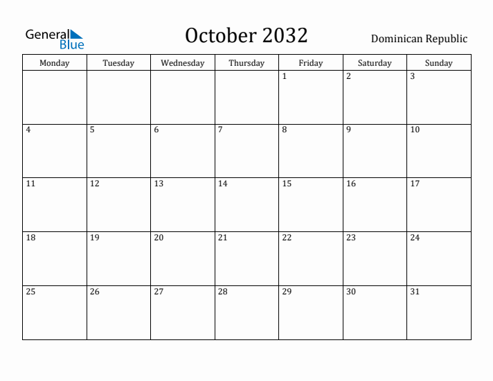 October 2032 Calendar Dominican Republic