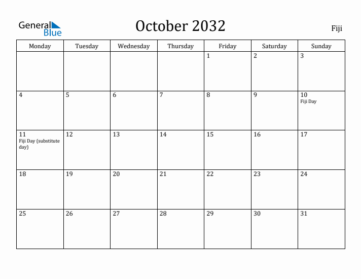 October 2032 Calendar Fiji