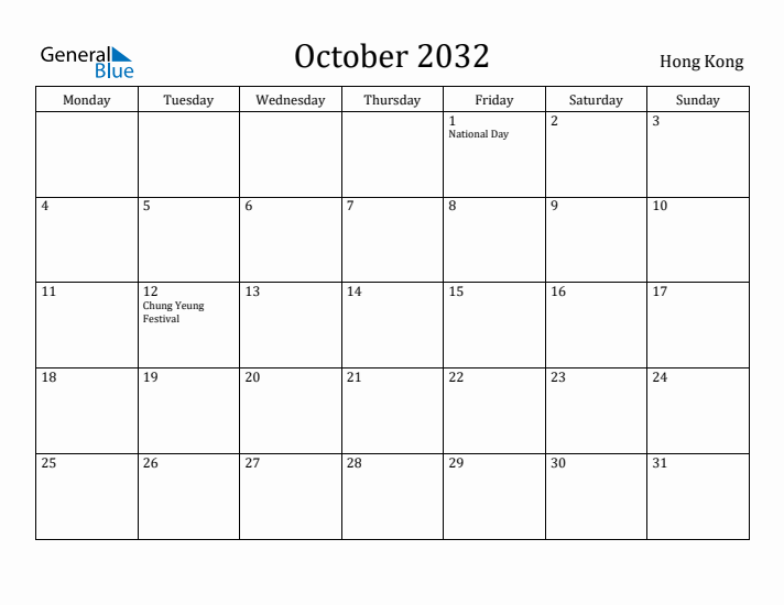 October 2032 Calendar Hong Kong