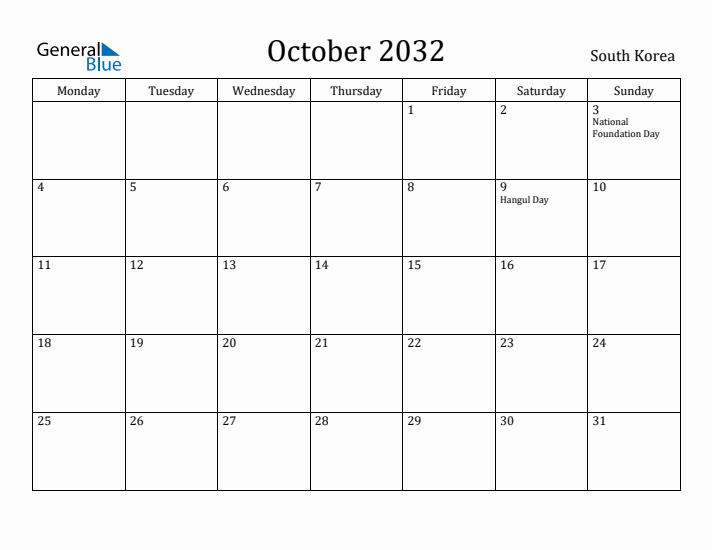 October 2032 Calendar South Korea