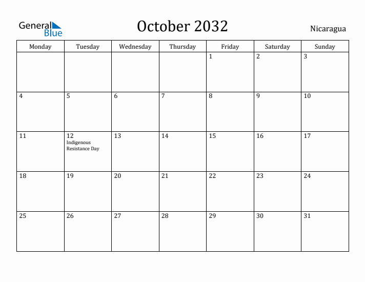 October 2032 Calendar Nicaragua