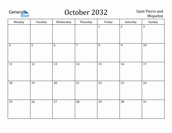 October 2032 Calendar Saint Pierre and Miquelon