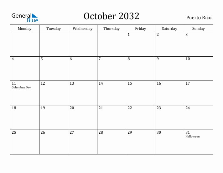 October 2032 Calendar Puerto Rico