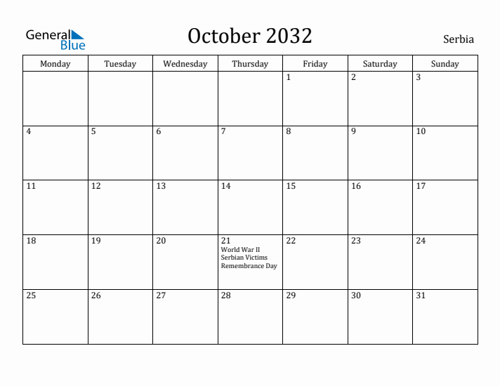 October 2032 Calendar Serbia