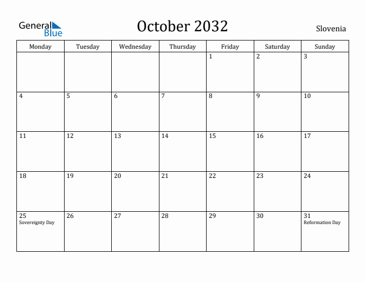 October 2032 Calendar Slovenia