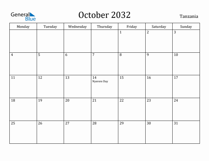 October 2032 Calendar Tanzania
