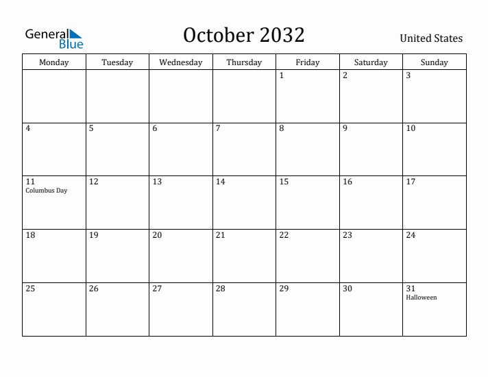 October 2032 Calendar United States