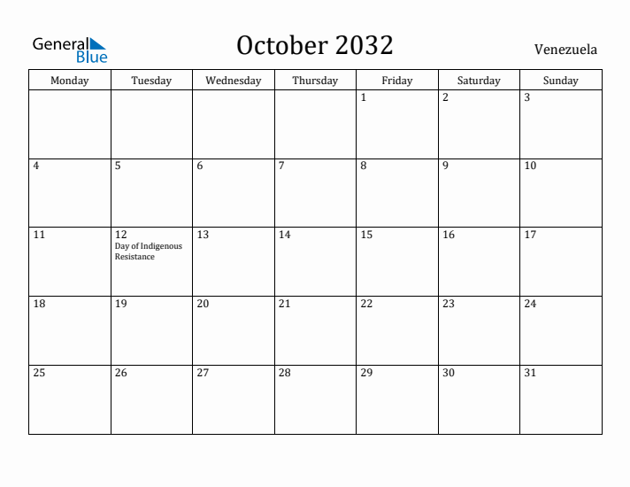 October 2032 Calendar Venezuela