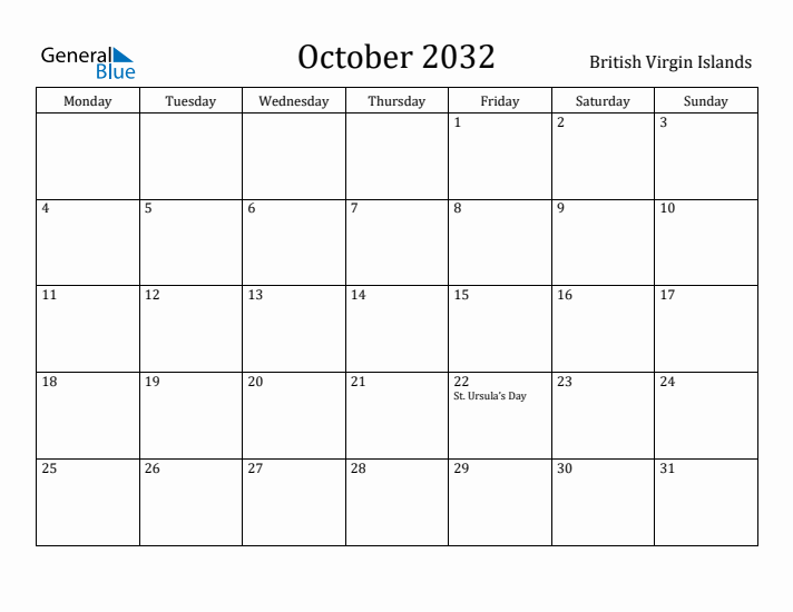 October 2032 Calendar British Virgin Islands