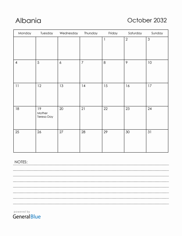 October 2032 Albania Calendar with Holidays (Monday Start)
