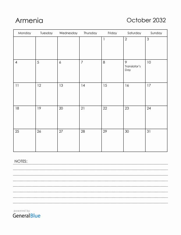 October 2032 Armenia Calendar with Holidays (Monday Start)
