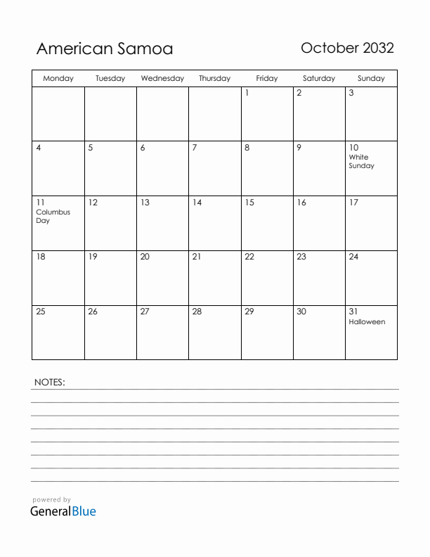 October 2032 American Samoa Calendar with Holidays (Monday Start)