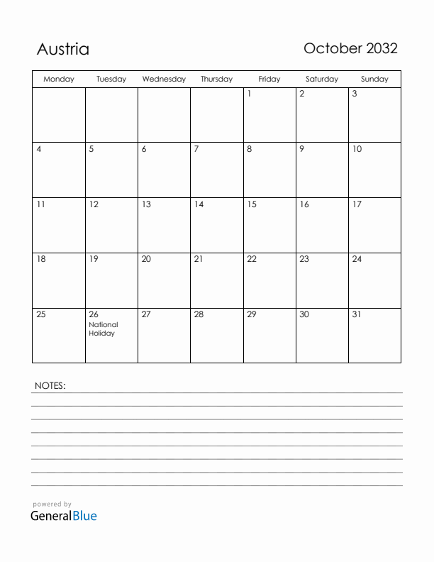 October 2032 Austria Calendar with Holidays (Monday Start)