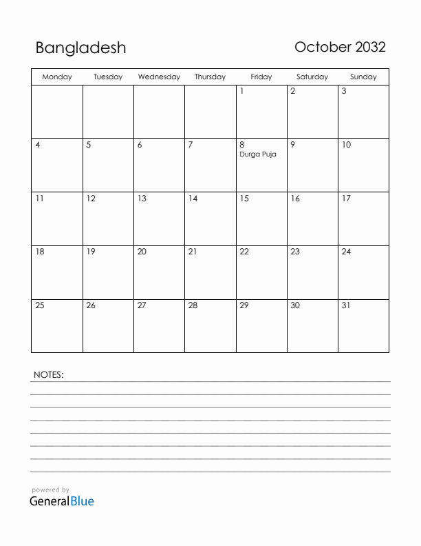 October 2032 Bangladesh Calendar with Holidays (Monday Start)